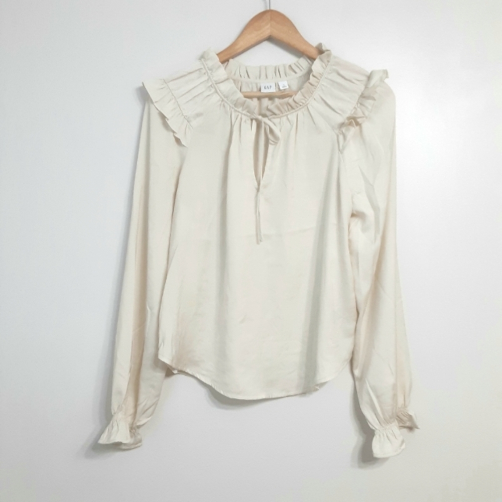 Gap cream silky ruffle neck blouse long puff sleeves tie front women size small